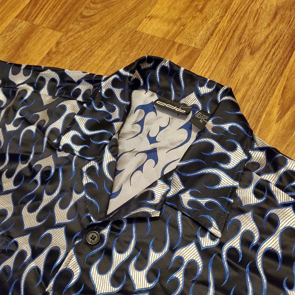 Vintage Motorcycle Flame Shirt Men XL Black Button Up ODO Y2K Rayon‎